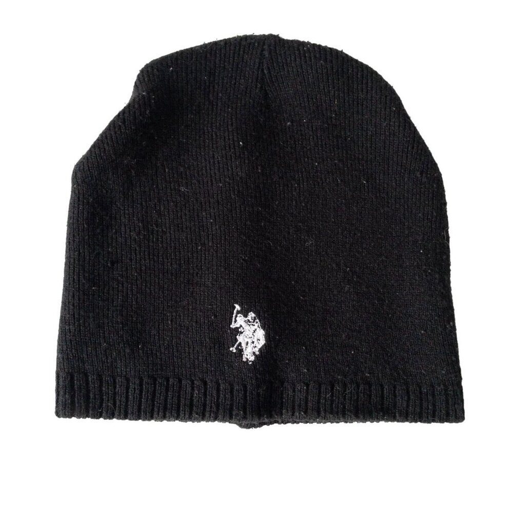 U.S. Polo Assn. Black Knit Beanie Hat With White Logo Embroidery One Size Ribbed